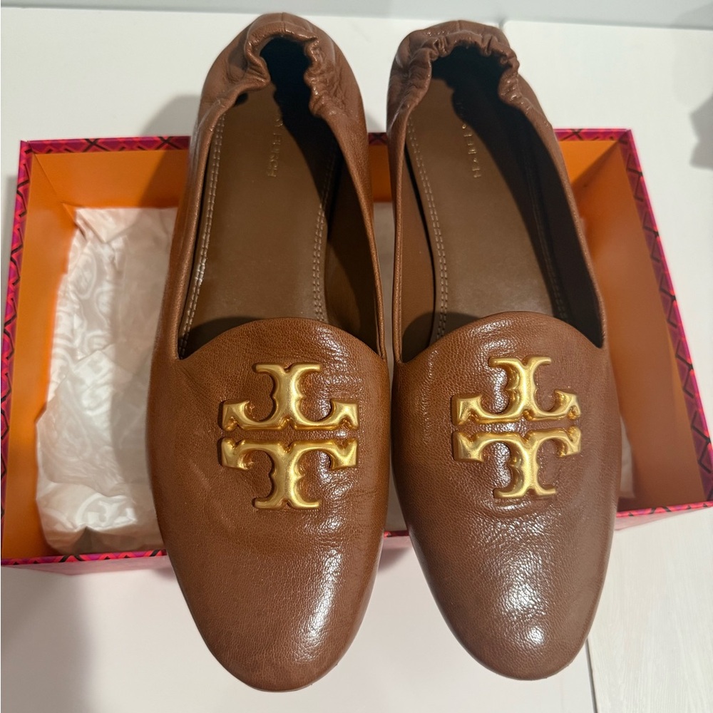 Tory Burch Brown Flats with Gold Emblem